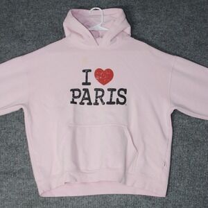 I Love Paris Hoodie Womens L Pink Souvenir Pullover Sweatshirt Graphic L